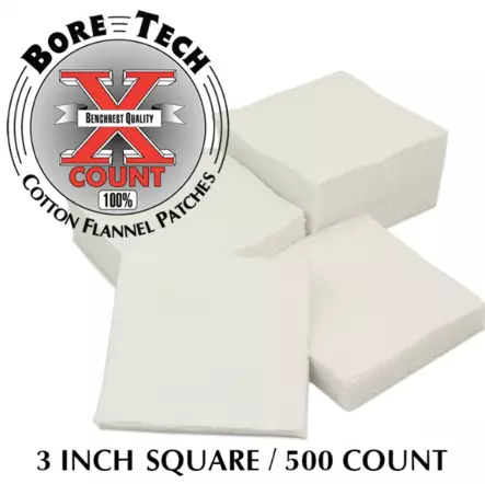Bore Tech puhdistuslappu neliö 3" 500 kpl, .50 kaliiperille ja 20-10 haulikoille - Puhdistuslaput ja lapuntyöntimet - 22171 - 1