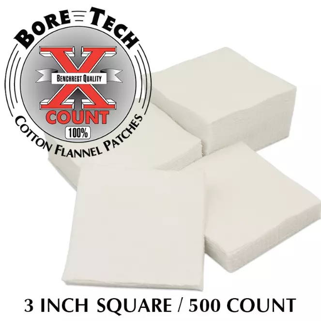 Bore Tech puhdistuslappu neliö 3" 500 kpl, .50 kaliiperille ja 20-10 haulikoille - Puhdistuslaput ja lapuntyöntimet - 22171 - 1
