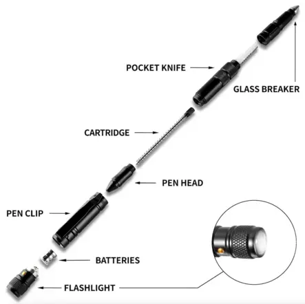 ATSC TacPen taktinen kynä valolla musta - Kivat kamat - 23558 - 2